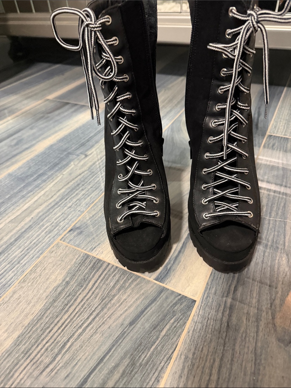 Black Lace-Up Peep Toe Platform Boots - Women's